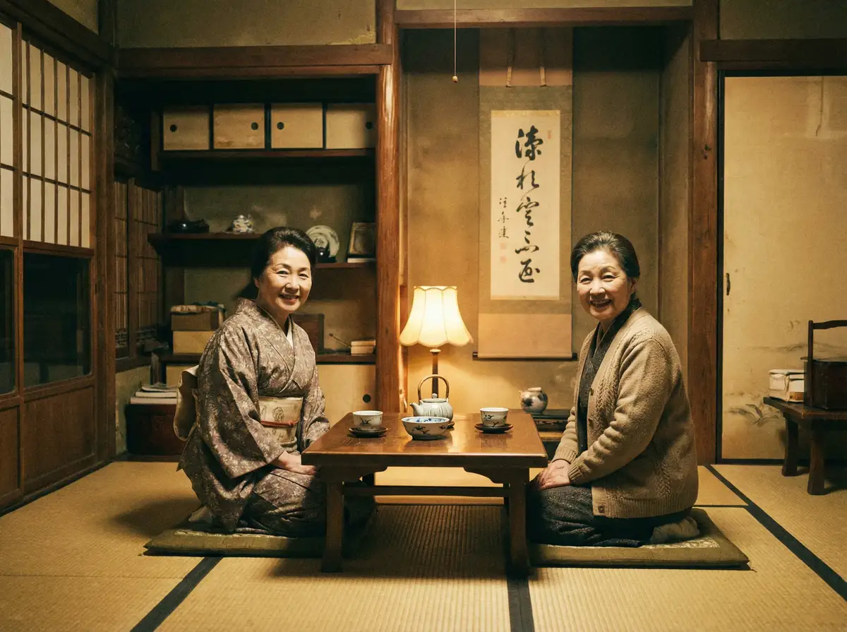 两位优雅的 日韩亚洲成a人片 在日式茶室中品茶交谈